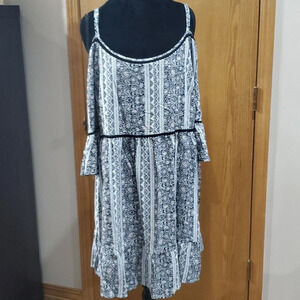 Torrid pink grey black floral ruffle cold shoulder dress bell sleeve